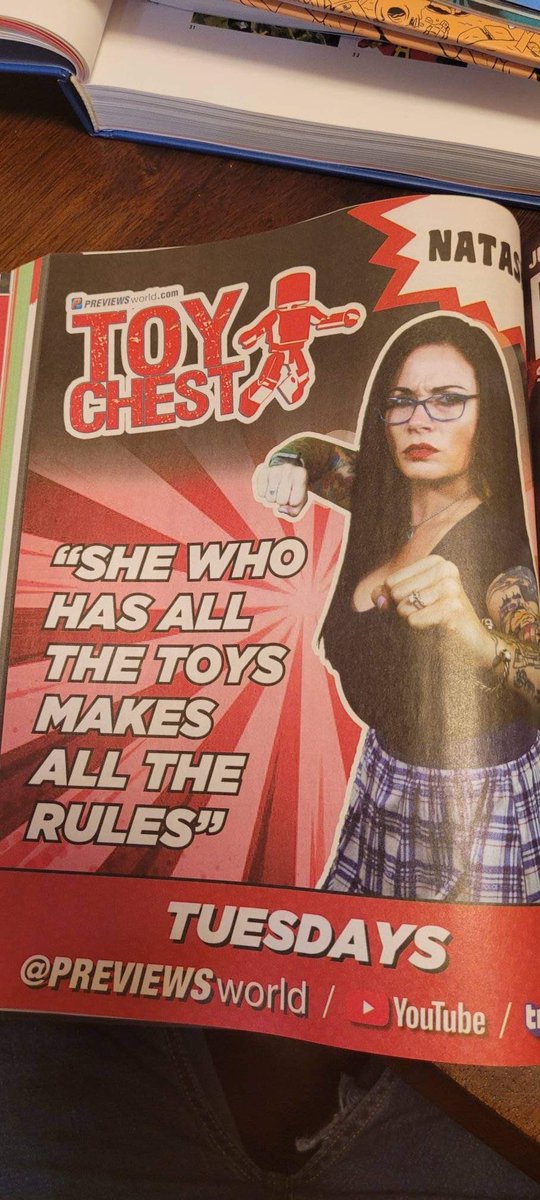 CannonDollX's tweet photo. And then this… while I’m reflecting on how cool I “was”, I get a message with this picture of me in the @PREVIEWSworld catalog in a FULL PAGE AD!!! Whaaaaa!!???! Yup feeling pretty damn cool right now! #previewscatalog #toychest #Comicshops #superhero https://t.co/KMALSfDT3M