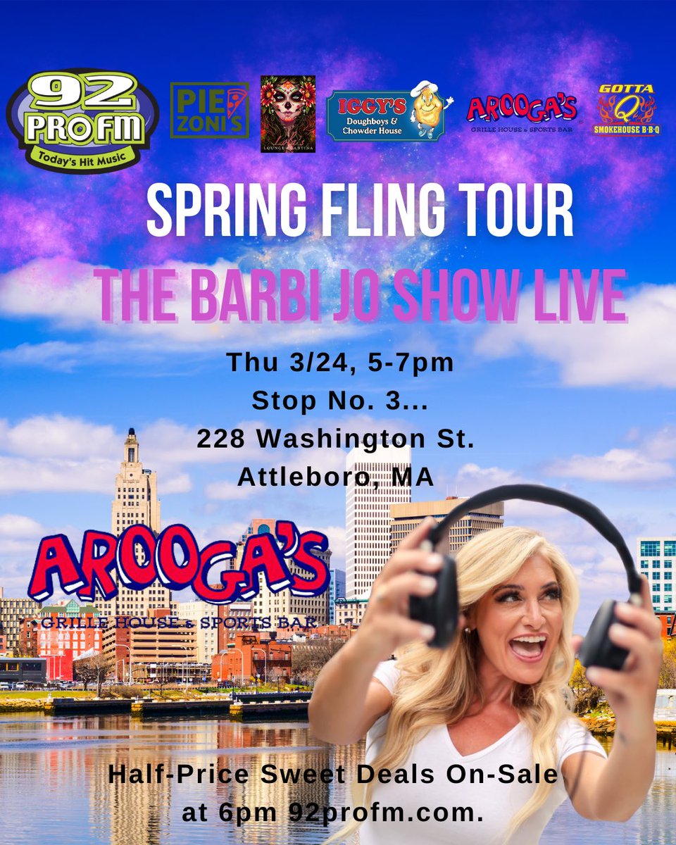 92profm's tweet photo. No. 3 combines Thirsty Thursday & College Hoops! Join The Barbi Jo Show LIVE at @Aroogas Attleboro, 5-7p. Purchase Sweet Deals at 6p. Go get ‘em at https://t.co/lLkknRGEbL! #SpringFlingTour https://t.co/axvMxzy4Dl