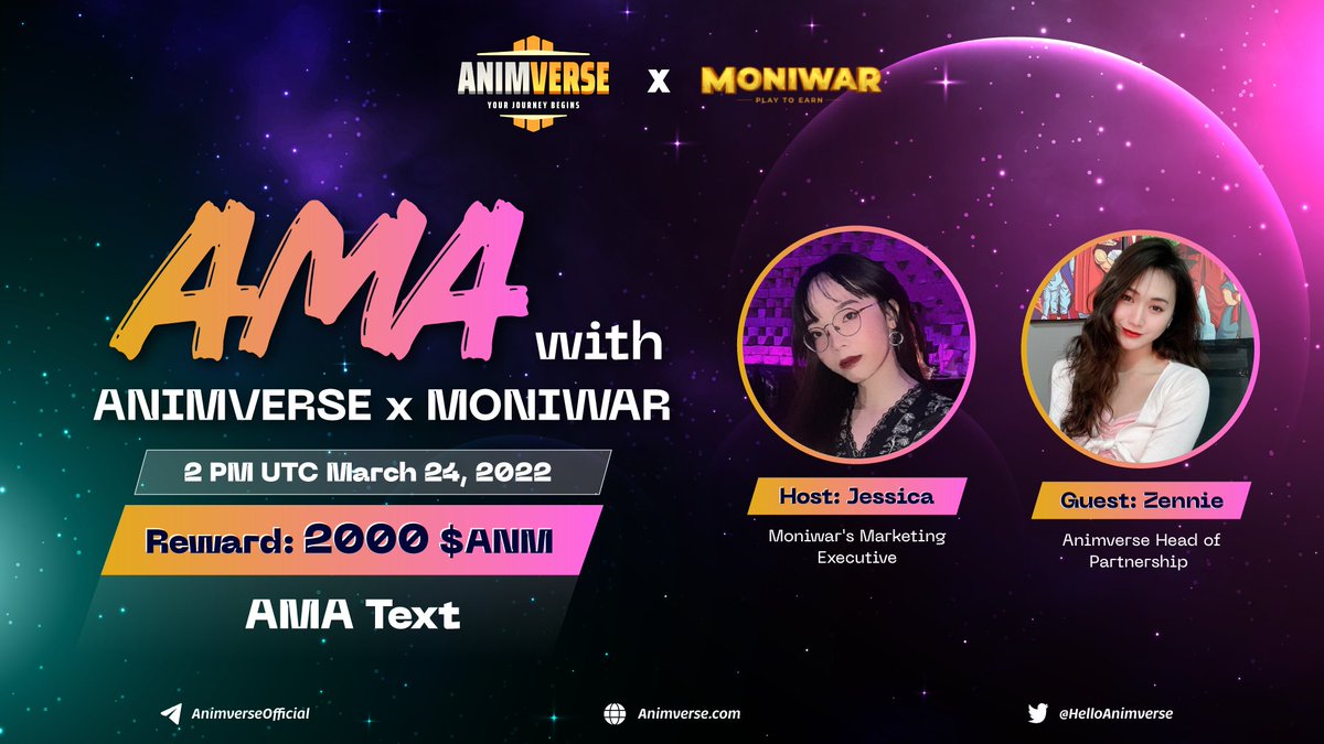 HelloAnimverse's tweet photo. #ANIMVERSE X MONIWAR AMA - TOWARD THE MOON

💎Reward: 200 $ANM/ each for 10 best questions.
- 5 questions from THIS Twitter post
- 5 questions from the AMA Session

📌Venue: https://t.co/NfBJXORLW1
⏱Time: 2:00 PM UTC on Mar 24, 2022.
DETAIL: https://t.co/QIcdsDqCBp
#Moniwar #IDO https://t.co/haLyQ6tv5h