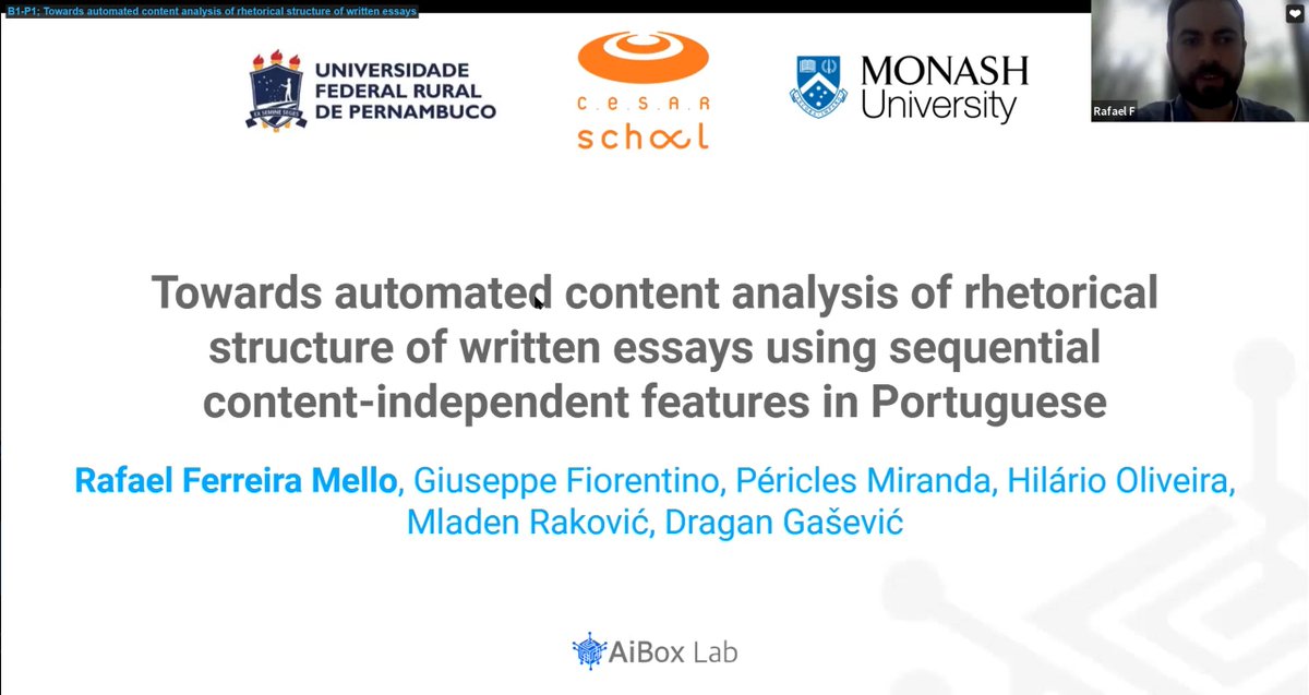 Our <a href="/flmrafael/">Rafael Ferreira Mello</a> presented a paper with <a href="/MladenRakovic/">Mladen Rakovic</a>, <a href="/dgasevic/">Dragan Gasevic</a> and others that evaluated the generalizbility of #machinelearning algorithms to analyse essays across different datasets in Portuguese. #LAK22 

Check out the full paper below ⤵️
doi.org/10.1145/350686…