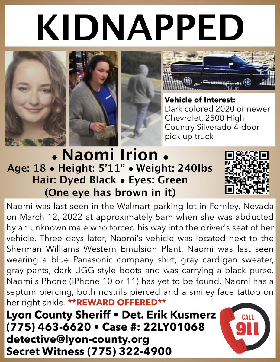 JustJey23's tweet photo. Updated Flyer: REWARD OFFERED! #NaomiIrion #Kidnapped #Nevada https://t.co/xYBiiYpYw0