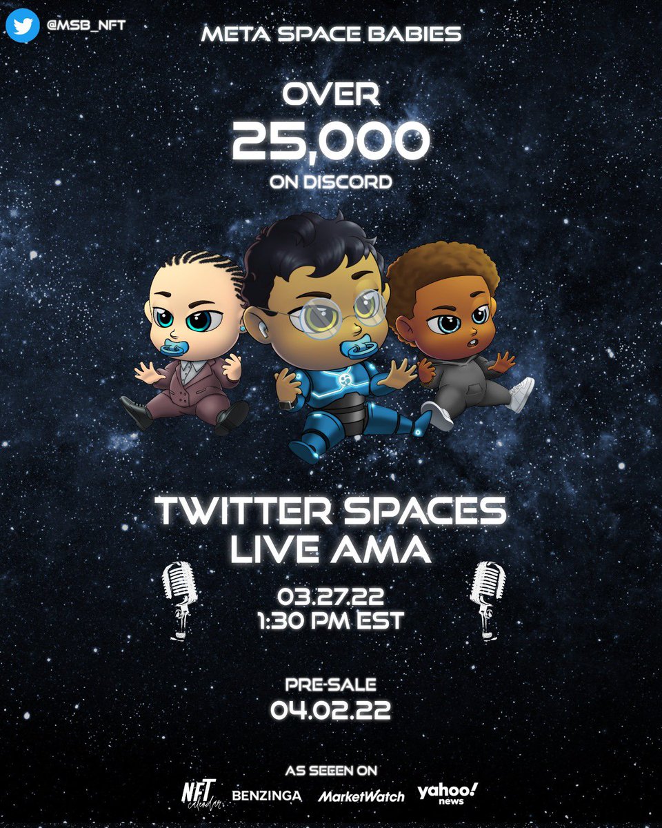 9 Days until Pre-sale MINT! We will be hosting another Twitter spaces AMA this sunday! 🎙Link down below 👇🏼

5xWL daily #giveaway everyday until mint!

To enter you must follow <a href="/MSB_NFT/">Meta Space Babies NFT</a>, like &amp; retweet this post! 🏆

 x.com/i/spaces/1kvJp…