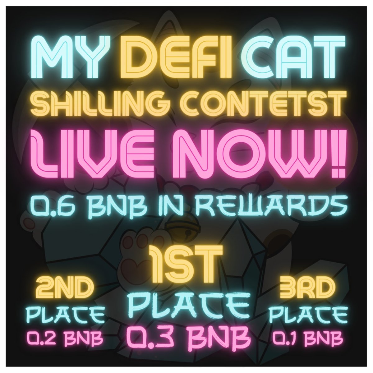 @MyDeFiCat Shilling Contest is LIVE! 0.6 BNB in rewards for the three best shillers! 🥇- 0.3 BNB 🥈- 0.2 BNB 🥉- 0.1 BNB ⚠️ Join this group to find shilling post templates: t.me/MDCShillingCon… More info can be found in our TG group: t.me/MyDefiCat #Giveaway