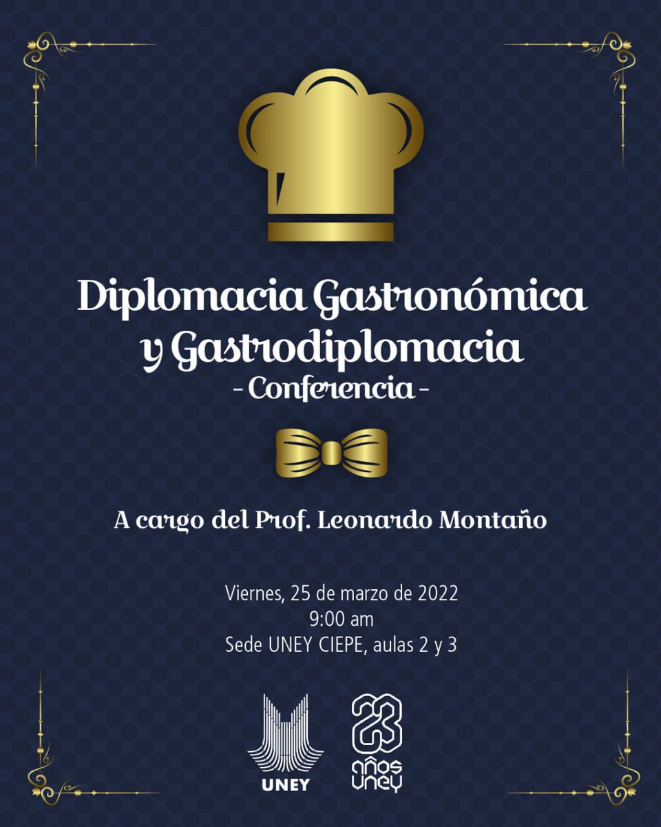 El uso de la comida como herramienta para generar relaciones, formará parte de lo que se tratará en la conferencia: Diplomacia Gastronómica y Gastrodiplomacia, con el profesor <a href="/Leonard45170588/">Leonardo Montaño Salas</a>  Viernes 25 de marzo, sede del rectorado de la UNEY, 9:00 de la mañana. #23DeMarzo
