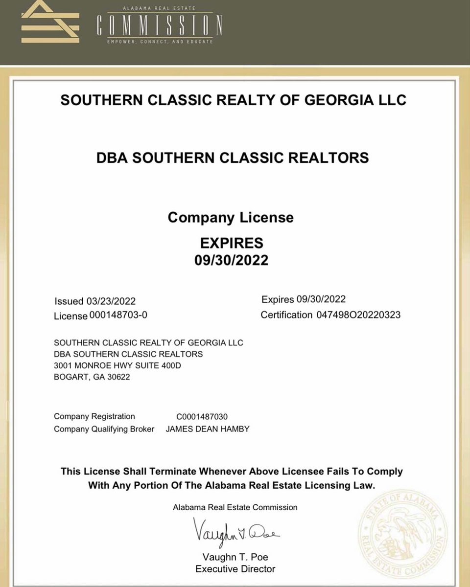 HambyTime's tweet photo. Well it's official today... Southern Classic Realtors and I are licensed as a real estate firm and qualifying broker in the great state of Alabama. Super excited and #SCRProud.
Sweet Home Alabama https://t.co/gn5d7gHhM5
