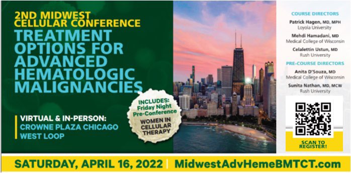 SunitaNathanMD's tweet photo. The 2nd Midwest Cellular Conference is <1 mo away!  The premier Midwest conf. on mgt. of Advanced Hematologic Malignancies is April 15-16. This year for 1st time: Women in Cellular Therapy.  Pls RT &amp; join us! https://t.co/Ssw0Ehwajm #bmtsm #mmsm #lymsm #CARTcell #WomenInMedicine https://t.co/AK27YfP8WZ