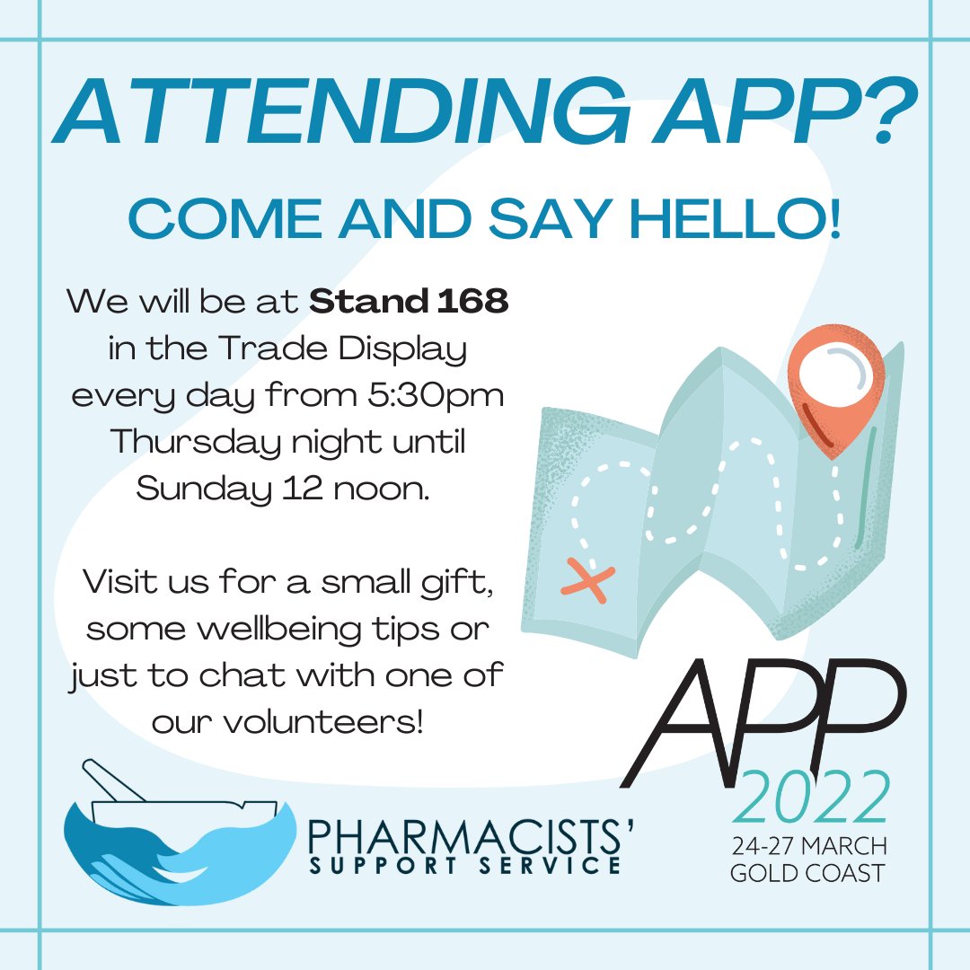 AusPharmSupport's tweet photo. Are you attending @APPConfAus this week? Come and say hi to us at Stand 168! We will be there every day from 5:30pm tonight until Sunday 12 noon. We have some goodies to give out, come and join us for a chat and some wellbeing tips! See you there! 💙
#APP2022 #appconference https://t.co/pnxGn4QllE