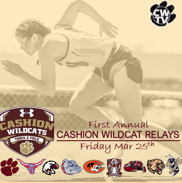 HISTORY WILL BE MADE FRIDAY!
1st Annual Cashion Wildcat Relays 

Please come out and cheer on the Cats as they host their very first track meet &amp; chase another state title.

Field Events | 9:30 am 
Running Events | 10:00 am

#CHaSingGOLD #LEGGO <a href="/bestone/">Brad Stone</a> <a href="/laurenlamb111/">laurenlamb11</a> <a href="/T_Wood88/">Tony Wood</a>