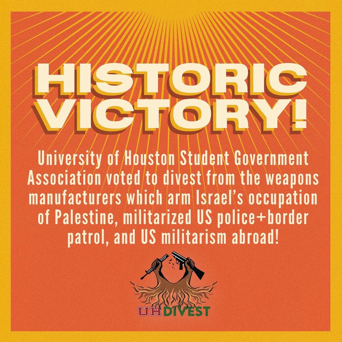 SJPHouston's tweet photo. 🚨🔥HISTORIC DIVESTMENT VICTORY 🇵🇸🗣

On Wednesday, March 23, UH SHA voted YES on divestment from israeli apartheid, militarized police + border patrol, and US imperialism!

THIS IS JUST THE BEGINNING 🔥 https://t.co/tJl9d1VRUo