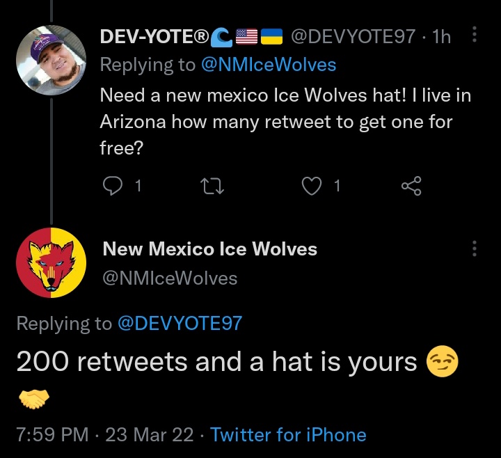 Hey Twitter family yall can help me get 200 RT! Get a <a href="/NMIceWolves/">New Mexico Ice Wolves</a> hockey hat!