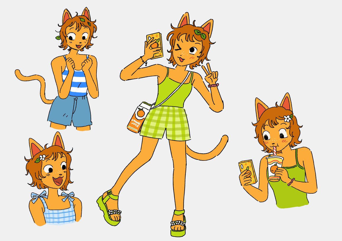 1girl holding drink animal ears cat ears multiple views tail plaid  illustration images