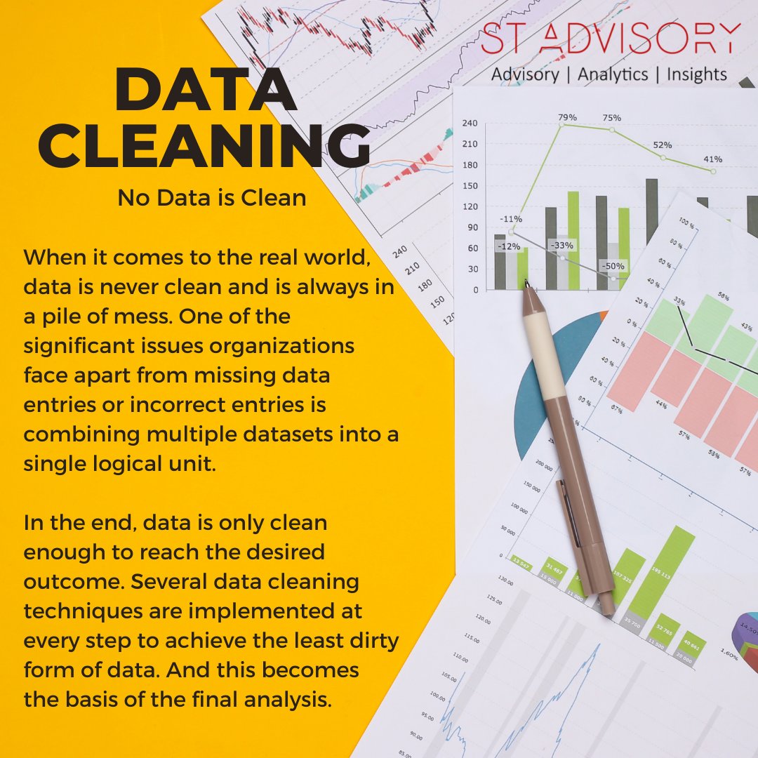 stadvisory's tweet photo. Data is never clean, and it is always a mess. Data cleaning is a must and essential process for Data Analytics to analyze data accurately.

#stadvisory #advisory #dataanalytics #datacleaning https://t.co/BNbJvjkfwN