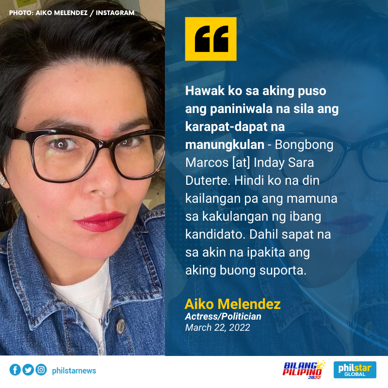 ‘SILA ANG KARAPAT-DAPAT NA MANUNGKULAN’

Actress-turned-politician Aiko Melendez declared her support for the Marcos-Duterte tandem.
Melendez is running for councilor in Quezon City's 5th district.
#BilangPilipino2022