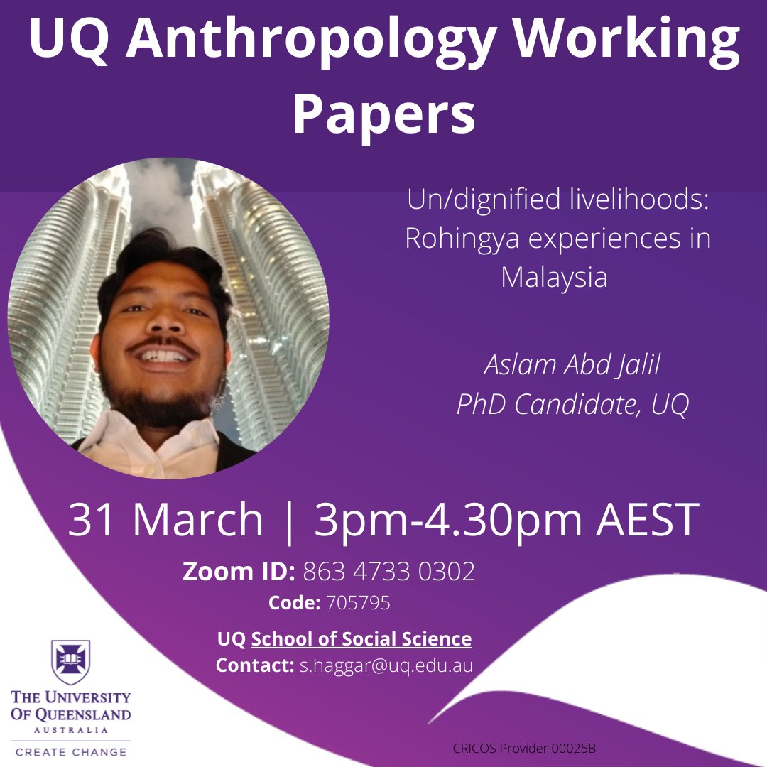 Sarah Haggar (@sarahhaggar) on Twitter photo Join us next week, 31st March at 3pm AEST to listen to <a href="/AJaslam/">Aslan Alan</a> talk about his research with refugees in Malaysia! Zoom details attached, open to all. @HASSUQ <a href="/ANSA_web/">Australian Network of Student Anthropologists</a> <a href="/aus_anth/">Australian Anthropological Society</a> <a href="/UQAS_/">UQ Anthropology Society</a> Join us next week, 31st March at 3pm AEST to listen to <a href="/AJaslam/">Aslan Alan</a> talk about his research with refugees in Malaysia! Zoom details attached, open to all. @HASSUQ <a href="/ANSA_web/">Australian Network of Student Anthropologists</a> <a href="/aus_anth/">Australian Anthropological Society</a> <a href="/UQAS_/">UQ Anthropology Society</a>