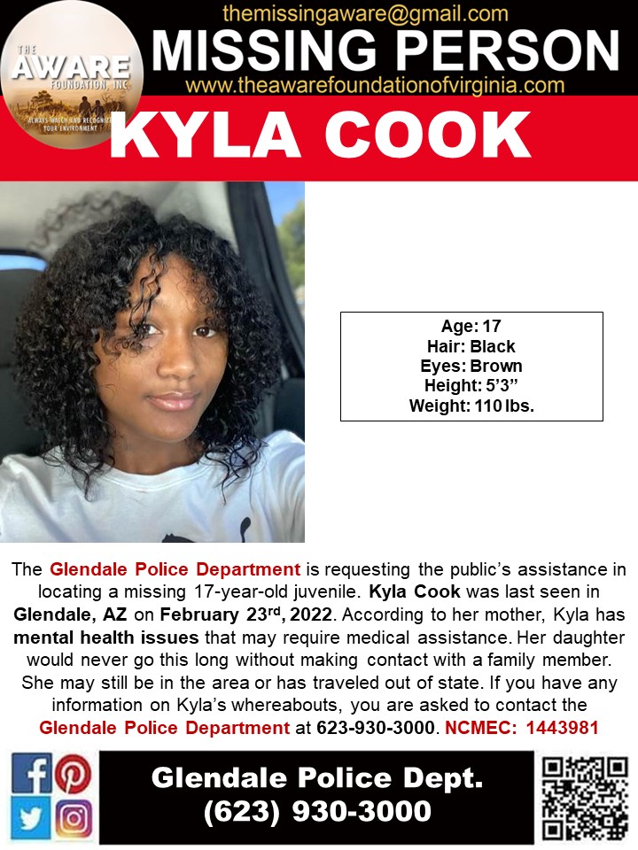 abc15's tweet photo. The Glendale Police Department is requesting the public's assistance in locating missing 17-year-old Kyla Cook. She was lsat seen in Glendale on February 23. She has black hair and brown eyes. She is 5'3" and weighs 110 pounds. Please contact Glendale PD with any information. https://t.co/8YTRf6Xsgi