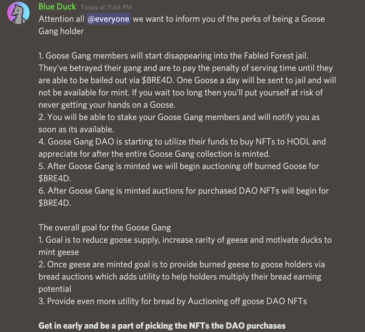 QU4Xnft's tweet photo. Goose Gang utilities have been announced! Let's get it Dapper Ducks and Goose Gang! Just keep building and they will come #Goosegang #DapperDucks #SolanaNFTs https://t.co/AzVXp122MC