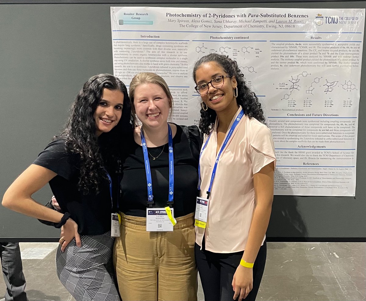 LaurenMRossiter's tweet photo. So proud of my students, Mary and  @electralexa presenting their research done at @ChemistryTcnj  at the ACS National Meeting. Also thrilled they got to meet my PI, @ssieburth who inspired this work. #WomenInScience #WomenInChem #ACSSpring2022 https://t.co/axCZsfnMj2