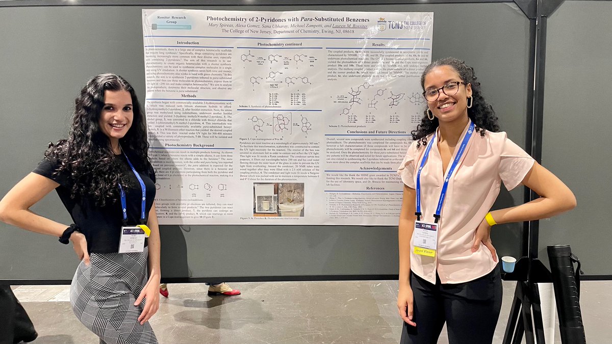 LaurenMRossiter's tweet photo. So proud of my students, Mary and  @electralexa presenting their research done at @ChemistryTcnj  at the ACS National Meeting. Also thrilled they got to meet my PI, @ssieburth who inspired this work. #WomenInScience #WomenInChem #ACSSpring2022 https://t.co/axCZsfnMj2