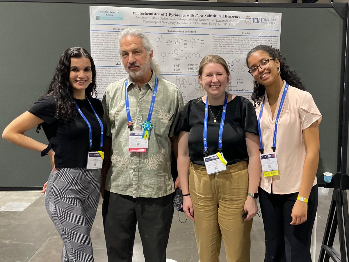 LaurenMRossiter's tweet photo. So proud of my students, Mary and  @electralexa presenting their research done at @ChemistryTcnj  at the ACS National Meeting. Also thrilled they got to meet my PI, @ssieburth who inspired this work. #WomenInScience #WomenInChem #ACSSpring2022 https://t.co/axCZsfnMj2