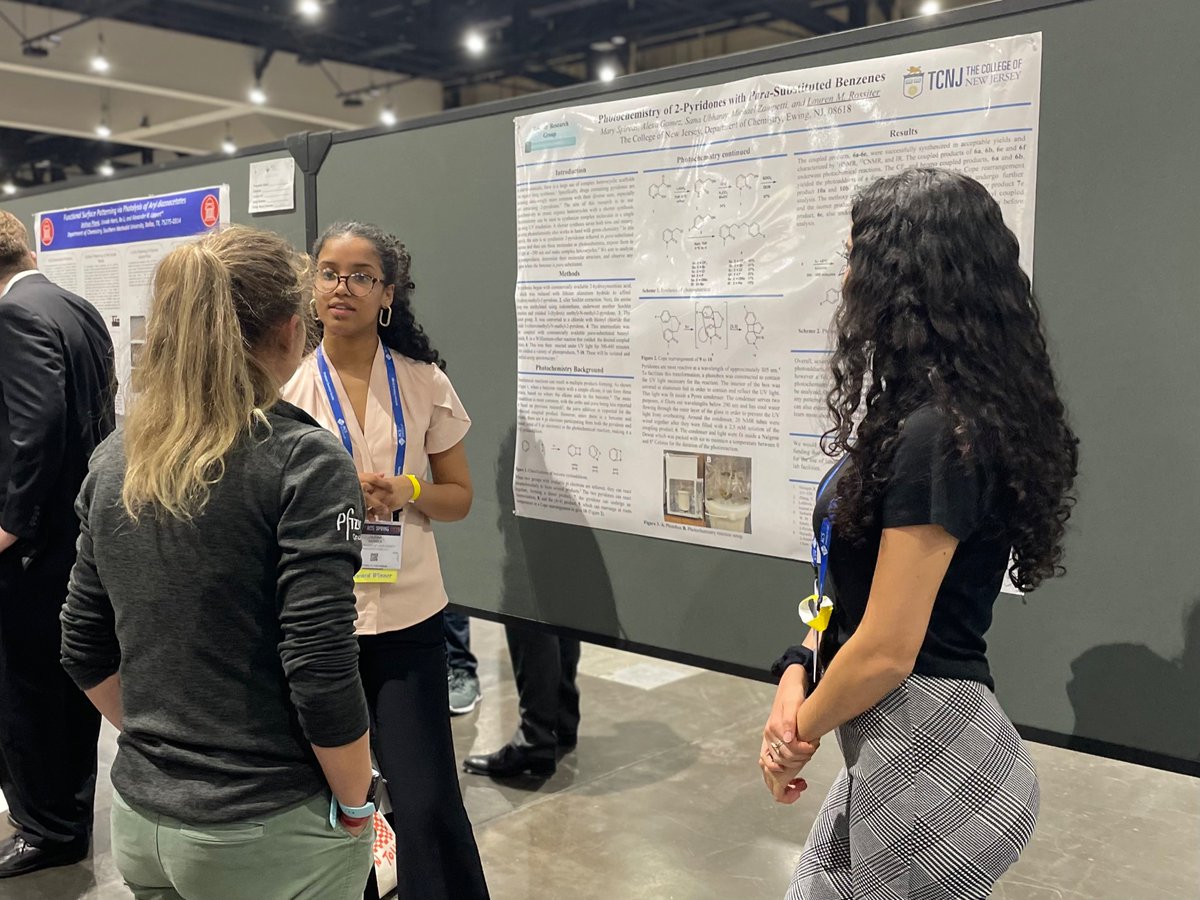 LaurenMRossiter's tweet photo. So proud of my students, Mary and  @electralexa presenting their research done at @ChemistryTcnj  at the ACS National Meeting. Also thrilled they got to meet my PI, @ssieburth who inspired this work. #WomenInScience #WomenInChem #ACSSpring2022 https://t.co/axCZsfnMj2