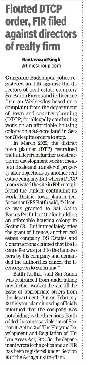 RaoJSinghTOI's tweet photo. Badshapur police registered an FIR against the #directors of #realestate company #SaiAaina Farms and its licensee firm based on complaint of #DTCP for allegedly continuing work on affordable housing colony in #Sector68 despite orders to stop.@dtcphry @kMakrandIAS @gurgaonpolice https://t.co/n4Z8yBG21C