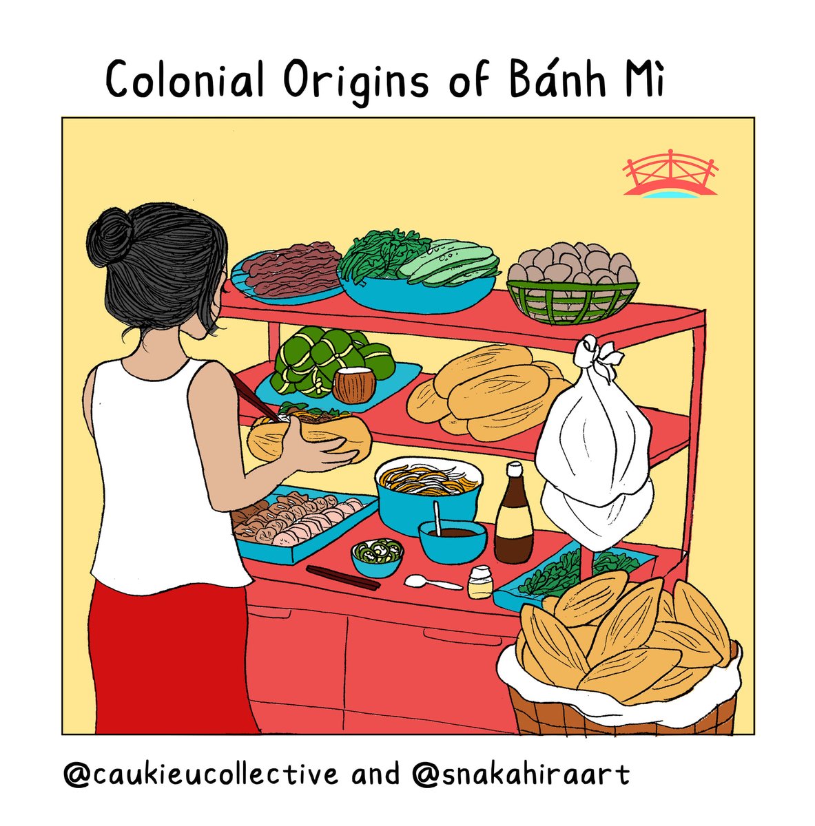 CauKieuMinh's tweet photo. 🧵: What's Vietnamese, cheap, convenient, and delicious?
Bánh mì!
CKC is excited to share a collaboration on The Colonial Origins of Bánh Mì with @snakirahipsarts! https://t.co/uvdA0OlMMr