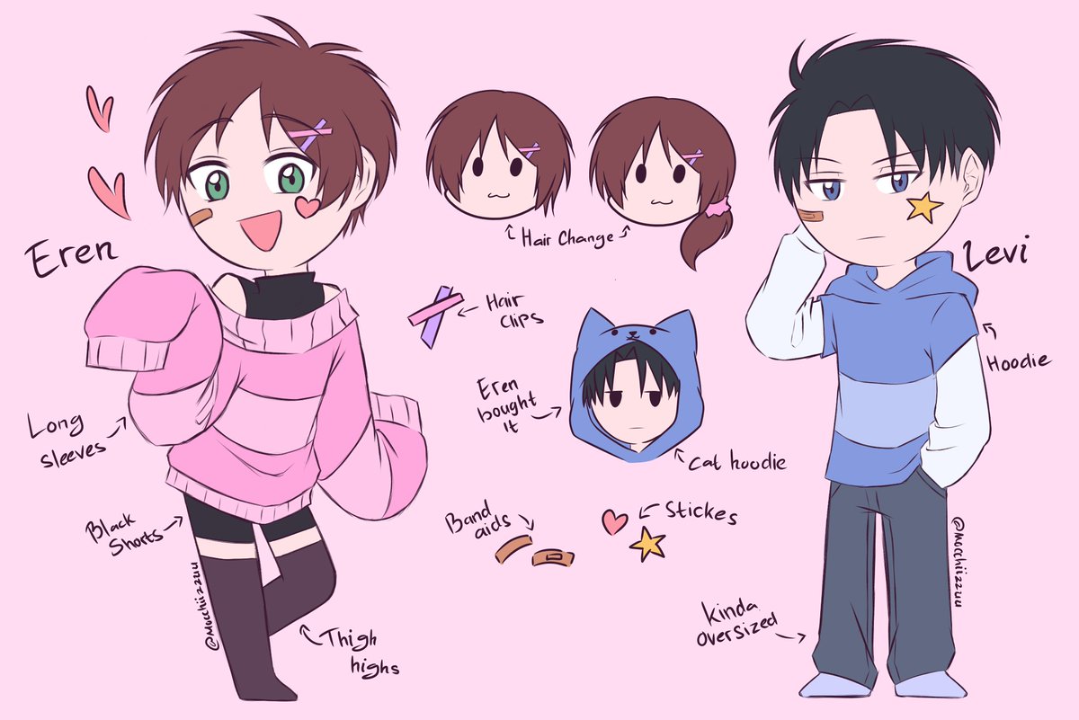 Info: 
🧀 This pict is just a reff of their style, you can freely draw them in this style
🧀 For eren's hair you can change it however you want but keep the hair clips
🧀 They don't wear shoes, but if you want to put shoes on them go ahead
🧀 Most importantly have fun!! XD