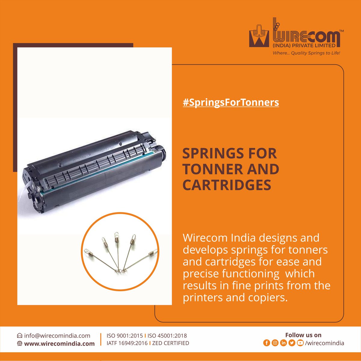 WirecomIndia's tweet image. Matching up with the ever increasing requirements of the customers, our company is engaged in providing spring for Tonner and Cartridges which results in fine prints from the printers and copier.

#springsolution #springmanufacturer #industrialspring #industrialspringmanufacturer