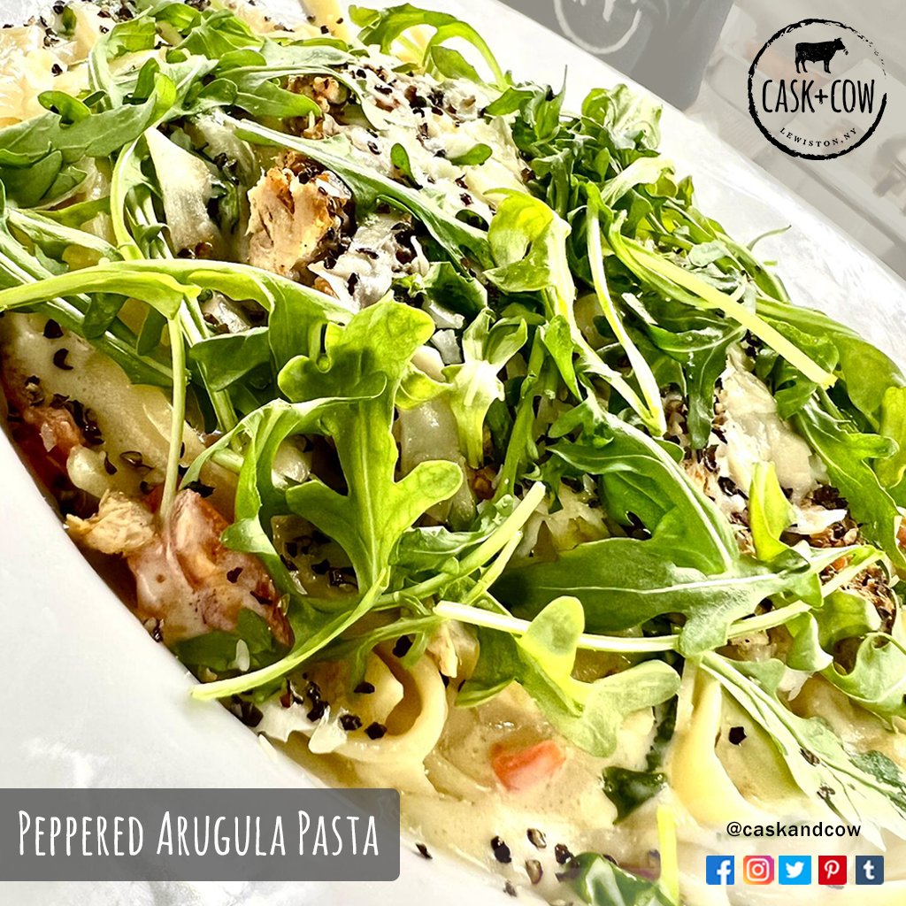 Come indulge in our "Peppered Arugula Pasta".

Taste authentic Italian flavors with savory sauces that leave you wanting more!

Arugula | Cream | Garlic | Black Pepper | Parmesan Cheese | Tomatoes  
(Add Chicken, Shrimp, Or Steak)

Book your table at caskandcow.com