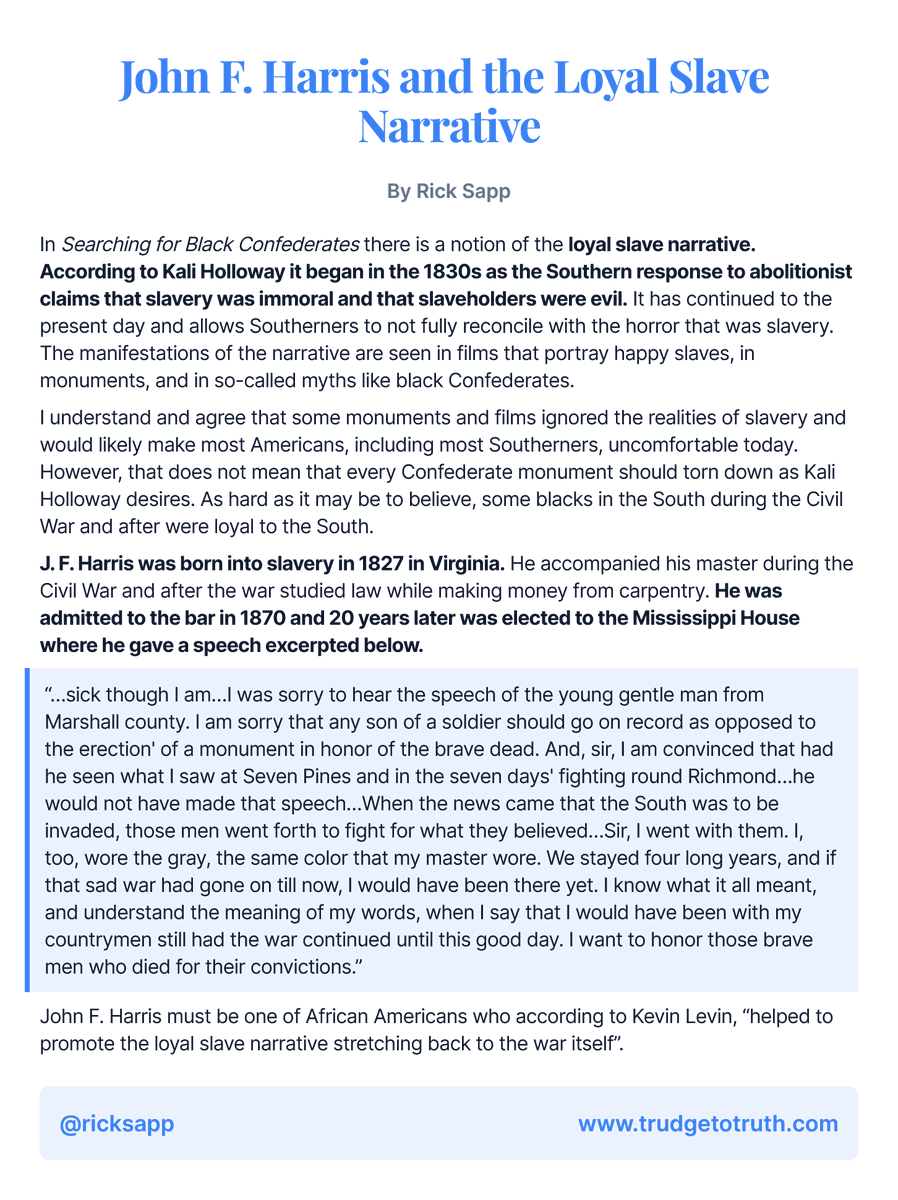 ricksapp's tweet photo. J. F. Harris was a slave and a remarkable American, exemplifying thinking for oneself and honor. As a black Mississippi legislator in 1890, he voted to erect a monument to honor dead Confederates. Now many would like to tear it down.
#USHistory
#Savethestatues https://t.co/GNRCUcUlXy