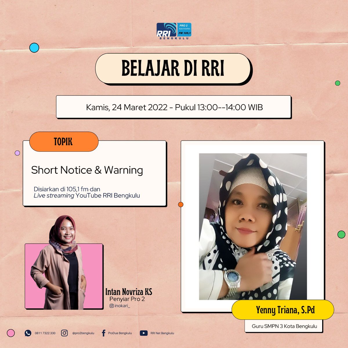 Yeay! Hari ini kita akan belajar lagi di Belajar di RRI, Kelas Tambahan. Kita akan belajar Bahasa Inggris mengenai Short Notice &amp; Warning bersama Mam Yenny dari SMPN 3 Kota Bengkulu. 

Join di Youtube RRI Net Bengkulu ya! 😘

#BelajardiRRI #EdisiKelasTambahan