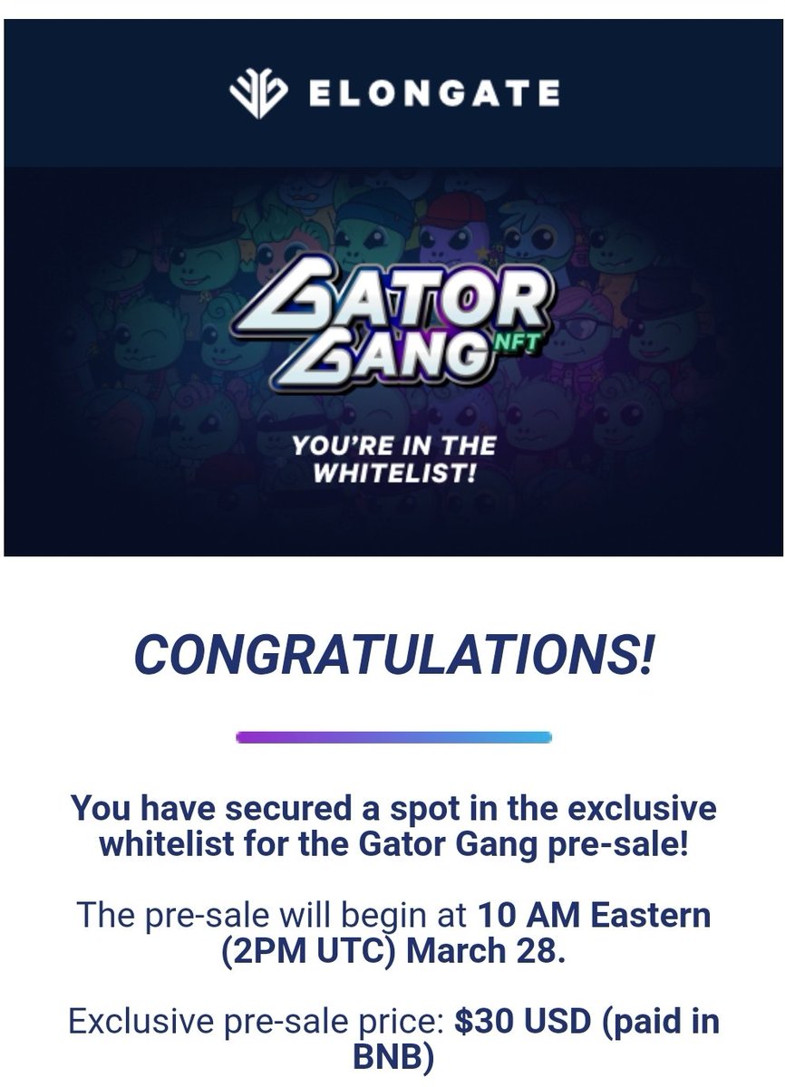 Andres24024441's tweet photo. I received this email today β€ π can't wait to get my #gators
#ELONGATORS make sure you check your spam email as my #Whitelist notification was there.
#NFTs #ELONGATE #GATORGANG #crypto #EG @elongateog https://t.co/iIARiB9BAB