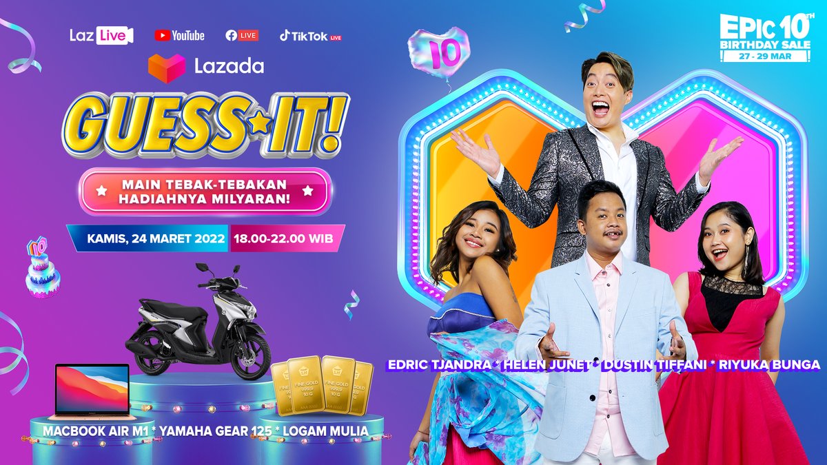 LazadaID's tweet photo. Lazadians, waktunya Guess It hadir kembali buat menghibur kalian semua! Kamu bisa seru-seruan bareng artis kesayanganmu dan main Tebak Harga Dapet Macbook, loh! Tunggu apalagi? Buruan, nonton disini: https://t.co/tThkNk9XmX

#MotorDariLazada #GuessItHadiahMilyaran https://t.co/C0pujxtlwX