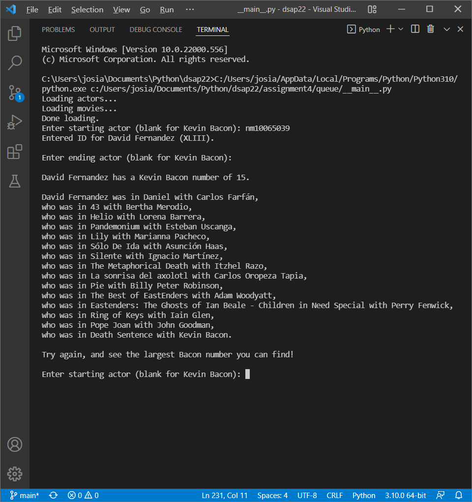 WinslowJosiah's tweet photo. Just made a #python program that'll calculate someone's #baconnumber using @IMDb 's downloadable datasets.
I found a few actors who have a Bacon number of 15 (pictured: an example). I'm pretty sure that's the highest in this database (and definitely higher than I've ever seen!). https://t.co/3bdrgNsC7B