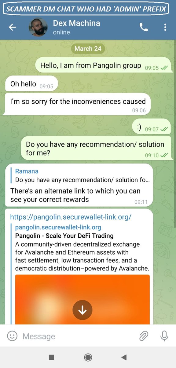 NisargaCrypto's tweet photo. He tried to scam by asking me to connect my wallet to a fraud link (screenshot)
- I report this by posting on Pangolin group. My post was deleted. zeroDexMachina's post were also deleted. (2/4) https://t.co/Eb3K25XGuM