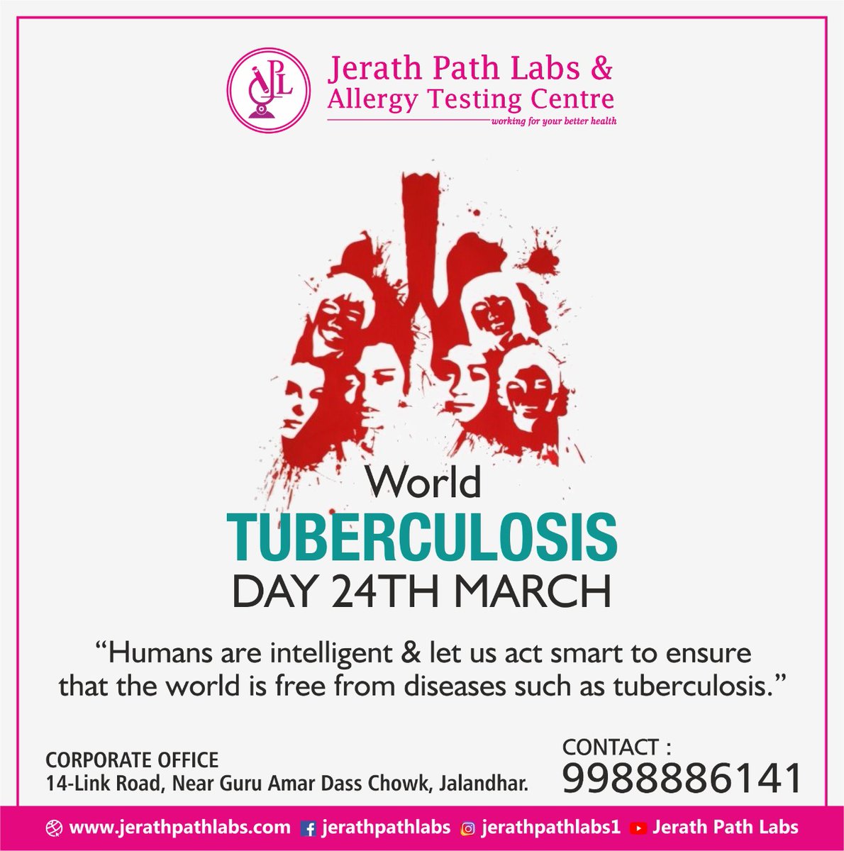 JerathLabs's tweet photo. Humans are intelligent &amp; let us act smart to ensure that the world is free from diseases such as tuberculosis. 

log on: https://t.co/B8FQ53d2Pf

#JerathPathLabs #jerathgroup #drprashantjerath #jalandhar #tuberculosis #tbc https://t.co/YVU2uCYL8x