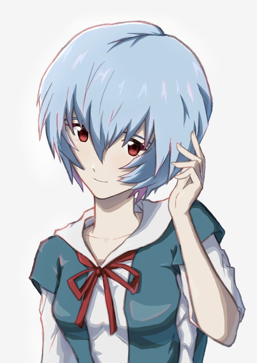 ayanami rei 1girl solo red eyes blue hair tokyo-3 middle school uniform short hair red ribbon  illustration images