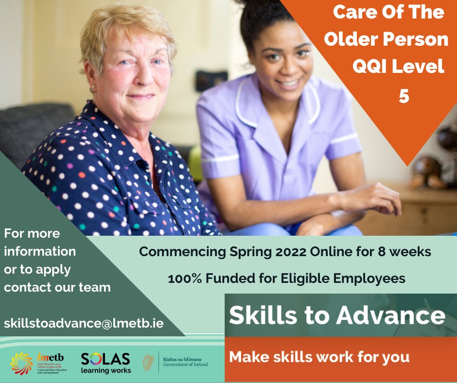 COURSE: Care Of The Older Person
Commencing Soon
 
For more info email skillstoadvance@lmetb.ie 

#careskills #careoftheolderperson #Louth #Meath #upskill #reskill #SkillsToAdvance #FET #Education #Training #LMETB
