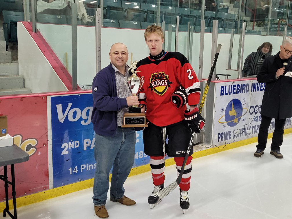 Colby House of the <a href="/KingsWestern/">The Western Driving School Kings</a> accepting his award for Top Point Getter Regular Season by GFW MHA Chris Tibbs.