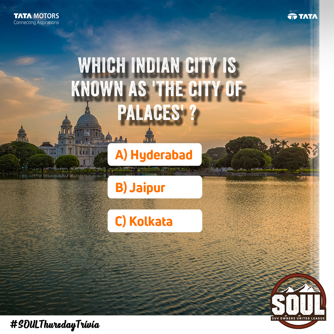 TataMotors_Cars's tweet image. Get ready for another interesting #SOULThursdayTrivia! Identify this city which is known for its Palaces. Share your answers with us in the comments below.
Hint – It is the Cultural Capital of India.

#DriveWithSOUL #ConnectWithSOUL #AboveAll #TataHarrier #Harrier #TataSafari