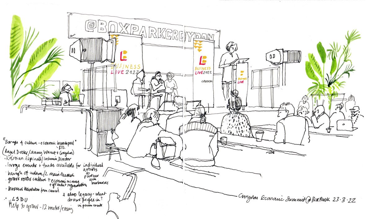 lineandwash's tweet photo. Sketching Hamida Ali, Leader of Croydon Council, open the @BizLiveExpo at @BoxparkCroydon yesterday #reportage #visualrecording https://t.co/3ZTgfk9WKw
