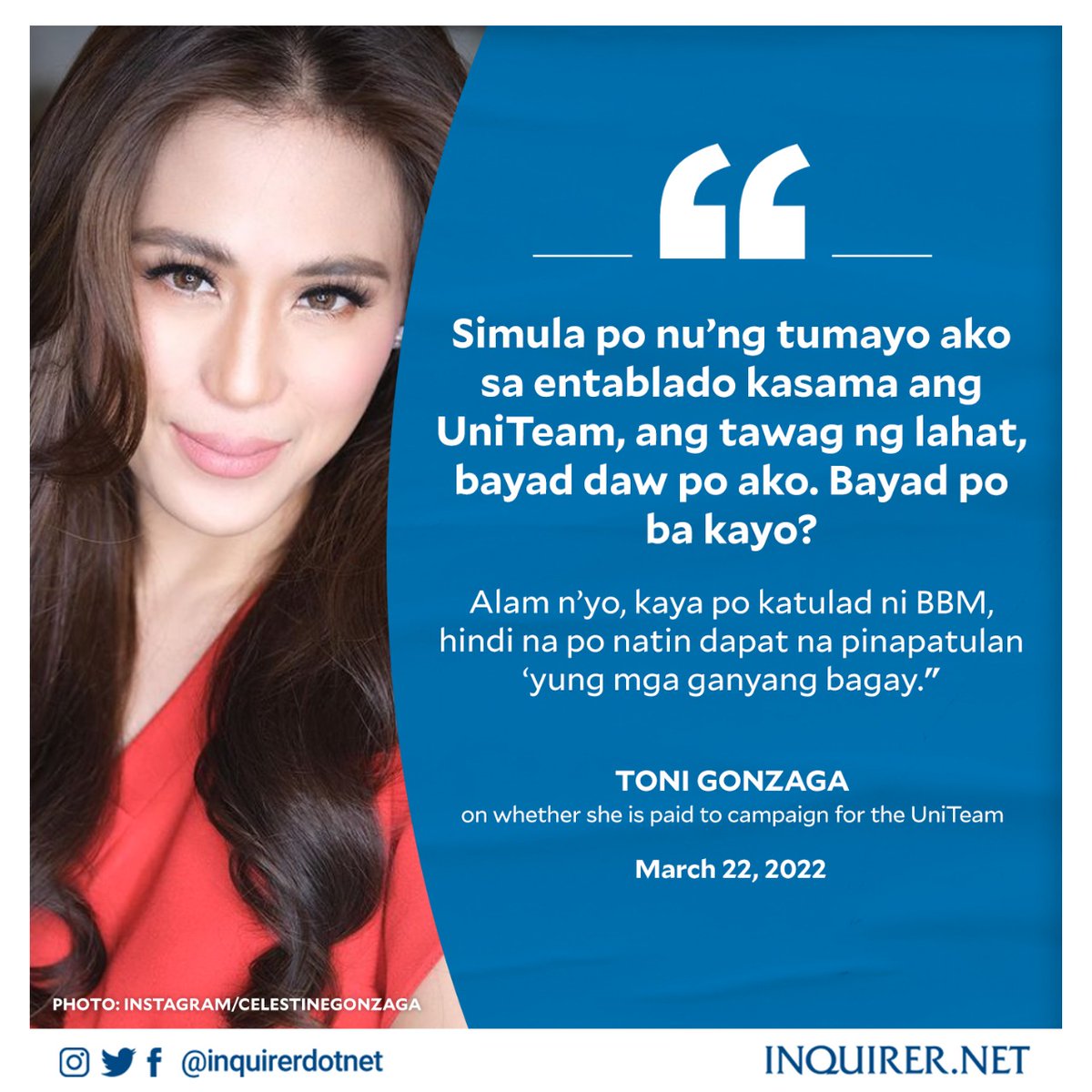 'BAYAD PO BA KAYO?'

Actress-TV host Toni Gonzaga posed this question to the attendees of the UniTeam's rally in Cavite, noting that she would rather ignore such criticisms like presidential candidate Ferdinand Marcos Jr. #VotePH