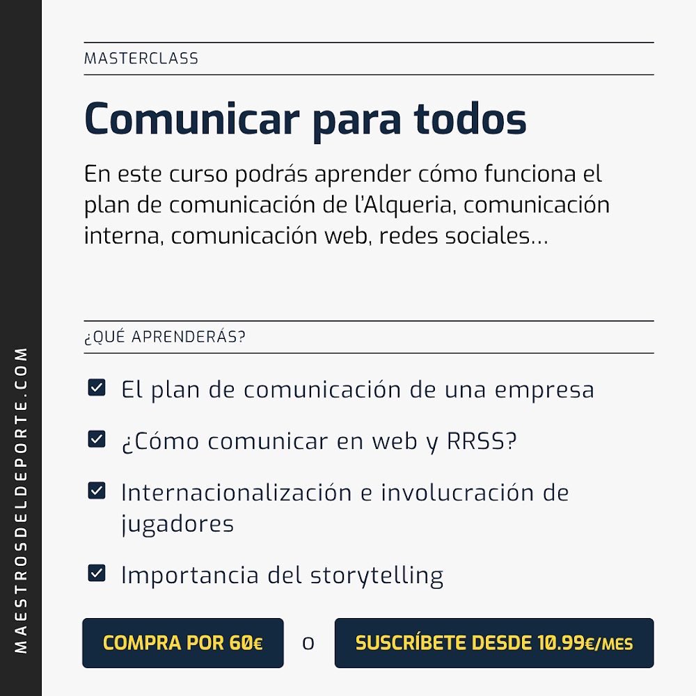 En el curso de <a href="/AlbertoChilet/">Alberto Chilet Rumí</a> podrás aprender cómo funciona el plan
de comunicación de l'Alqueria, comunicación interna,
comunicación web, redes sociales… ❤️🏆🗣

+ info en la bio 👆🏼 

Maestros del Deporte
Saldrás ganando 🥇🥈🥉

#MaestrosdelDeporte
#MdD
#MentorAlbertoChilet
