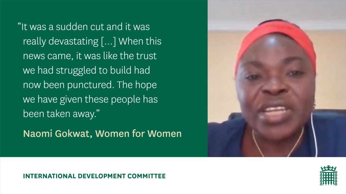 On 22 March we took evidence from NGOs on the impact of cuts to the UK aid budget. Naomi Gokwat of <a href="/womenforwomenUK/">Women for Women International UK</a> spoke to us about the impact on their programmes.

Watch the session: bit.ly/3MYQSZd #UKaid