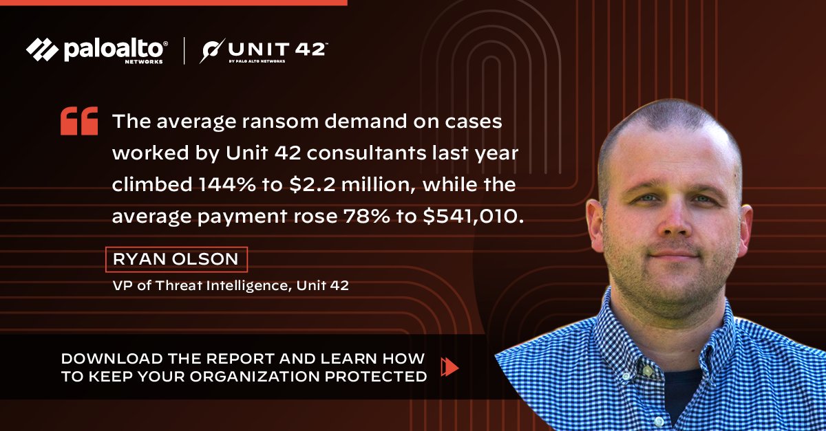 Unit42_Intel's tweet photo. The 2022 Unit 42 Ransomware Threat Report provides the latest insights on established and emerging #ransomware groups, payment trends, and security best practices. Read the report now to learn how to bolster your defenses. https://t.co/3Ld0wgYdwr https://t.co/33rtfszQwR