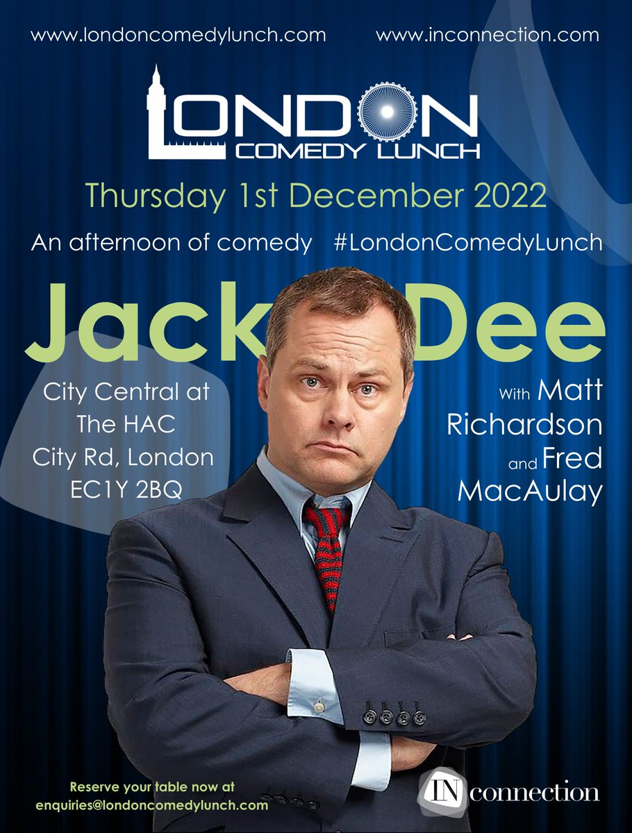 LDNComedyLunch's tweet image. We have officially announced our #LondonComedyLunch Headliner for 2022, here’s what you need to know! Book your table now at enquiries@londoncomedylunch.com #JackDee #MattRichardson #FredMacAulay