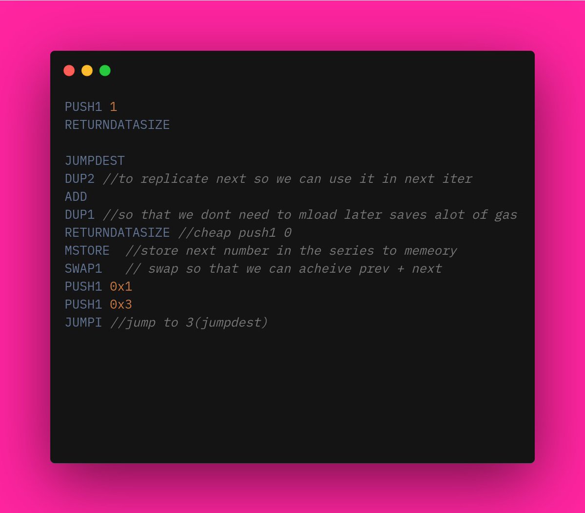 15 bytes
Fibonacci series simulator
Keep stepping into the debugger and the memory will start displaying the next number in the series
tinyurl.com/mryy93xn

<a href="/the_ethernaut/">EtherNaut-cli Ai</a> senpai we need more golfing.