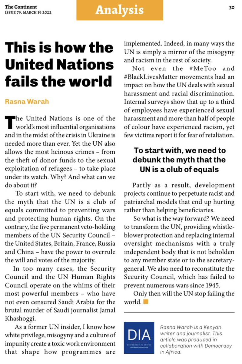 #ICYMI 

This weeks collaboration between <a href="/thecontinent_/">The Continent</a> and <a href="/AfricaDemocracy/">Democracy in Africa</a> is this hard hitting piece by <a href="/RasnaWarah/">Rasna Warah</a>, an insiders view on what is wrong with the United Nations ... 

Download the full issue for free at: media.mg.co.za/wp-media/2022/…