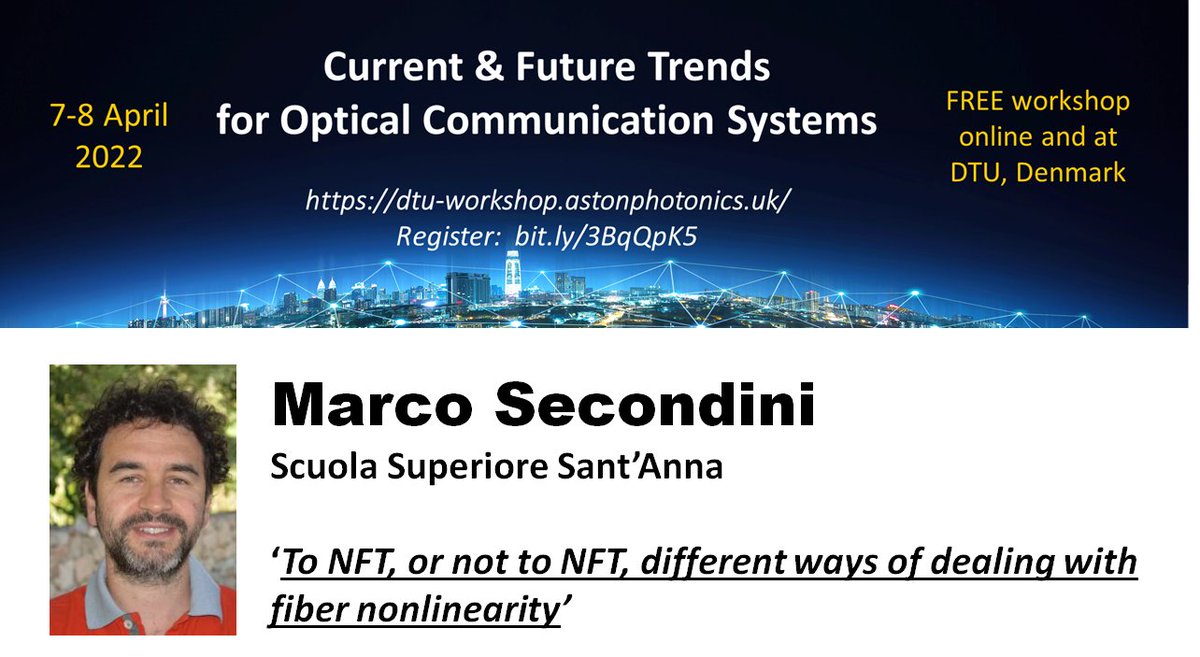 EidFonte's tweet image. Online places remaining in our FREE event 7-8 Apr  'Current/Future Trends in #OptCom workshop' co-organised with DTU (DK).
Introducing speaker @MarcoSecondini of @SantAnnaPisa who will address #nonlinearity in  #fiberoptics.

#lasertechnology #ML #AI #Photonics #Optics @PhotonHub