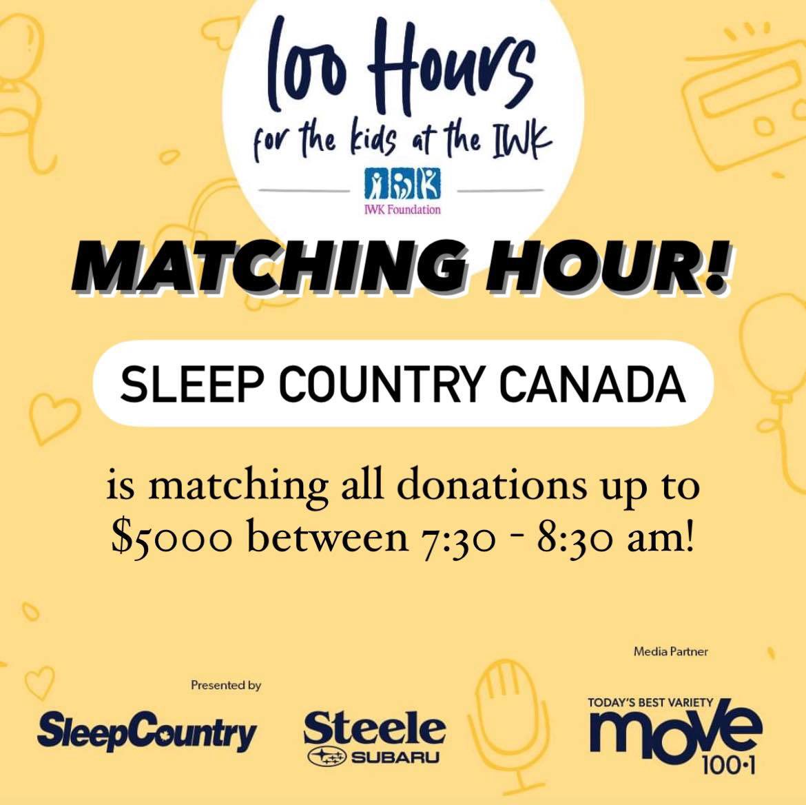Move100Halifax's tweet photo. 🚨 #100HoursForTheKids at the IWK #MatchingHour! 🚨 

@SleepCountryCan is matching all donations up to $5000!    
It’d take just 28 of you to sign up &amp; become a monthly donor of just $15/month to help match Sleep Country's donation. 
💻: https://t.co/BWEhG880Ng
☎️:1-800-595-2266 https://t.co/a7yJvM4W9e